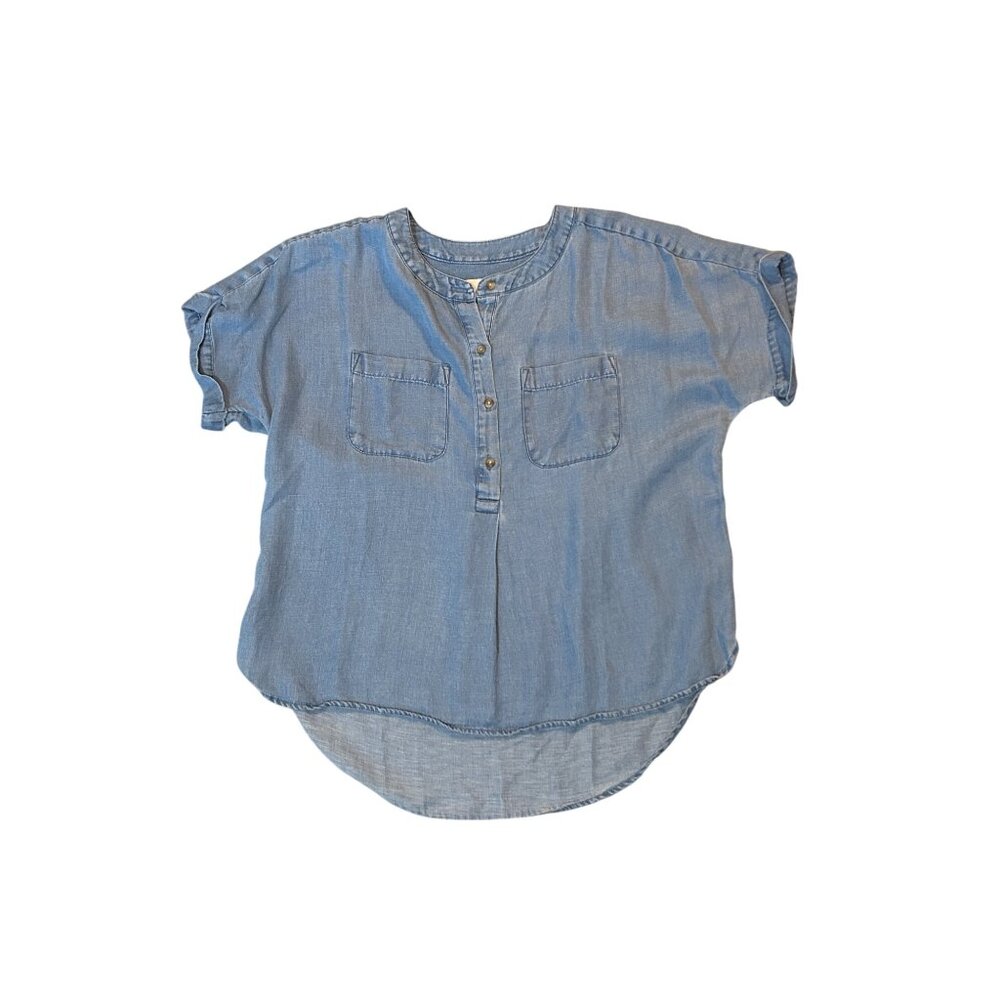 Loft Petite Blue Chambray Short Sleeve Button-Front Top SP 1738